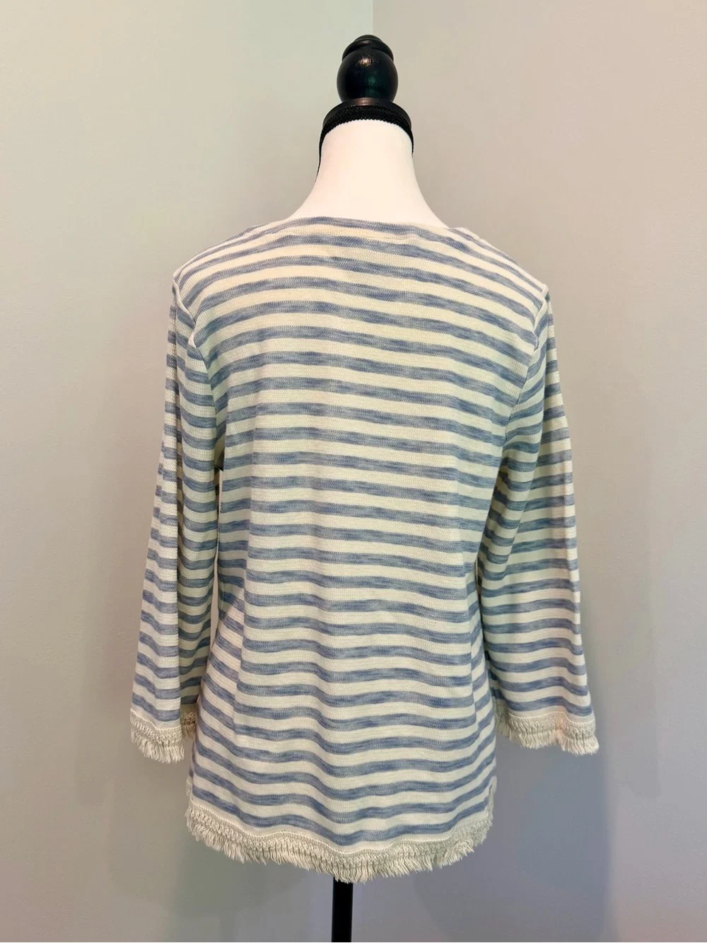 J.Jill 100% Cotton Coastal Blue White Striped Fringe Hem Tunic Top Medium